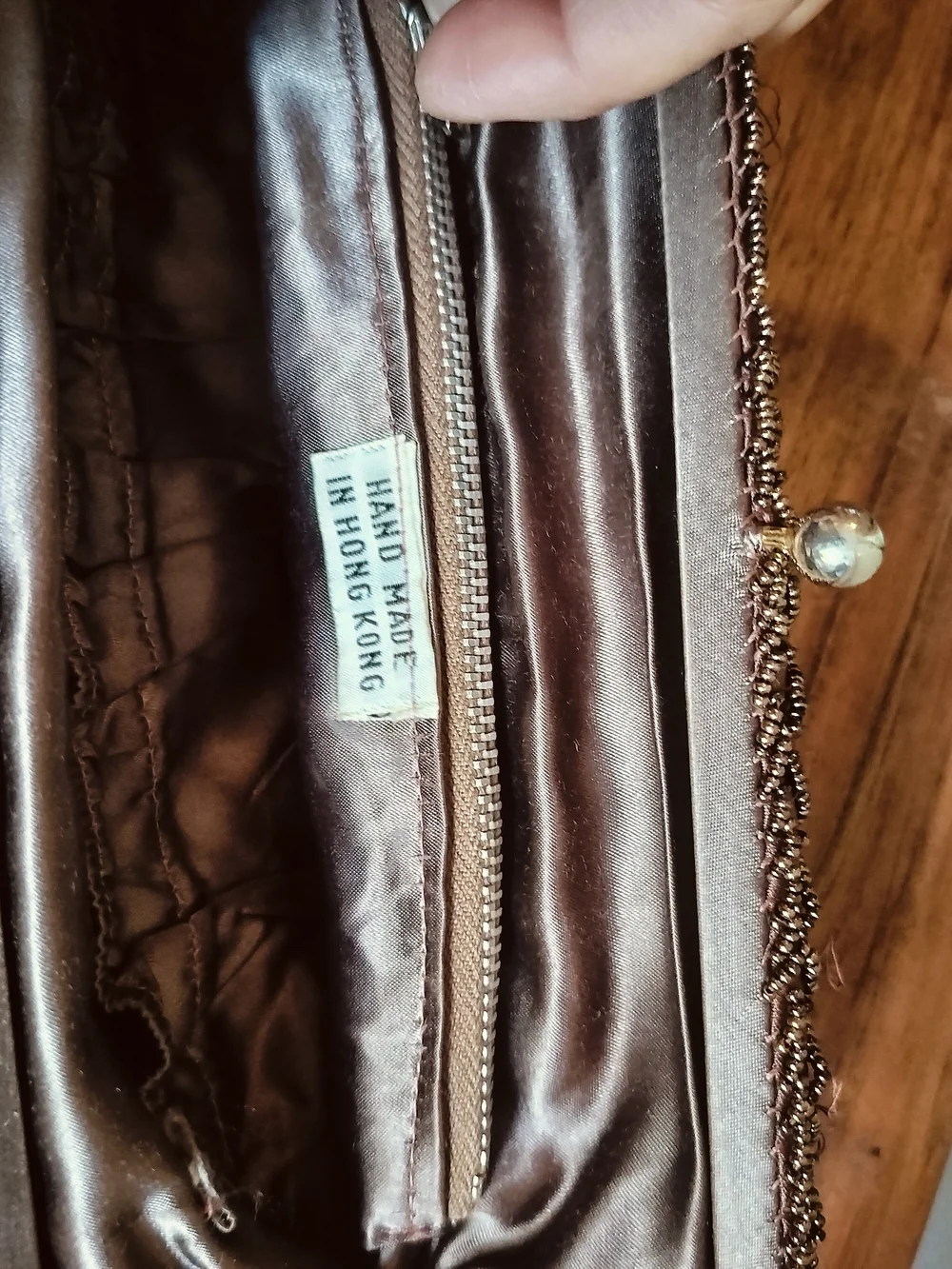 Beaded Satin Evening Clutch in Brown